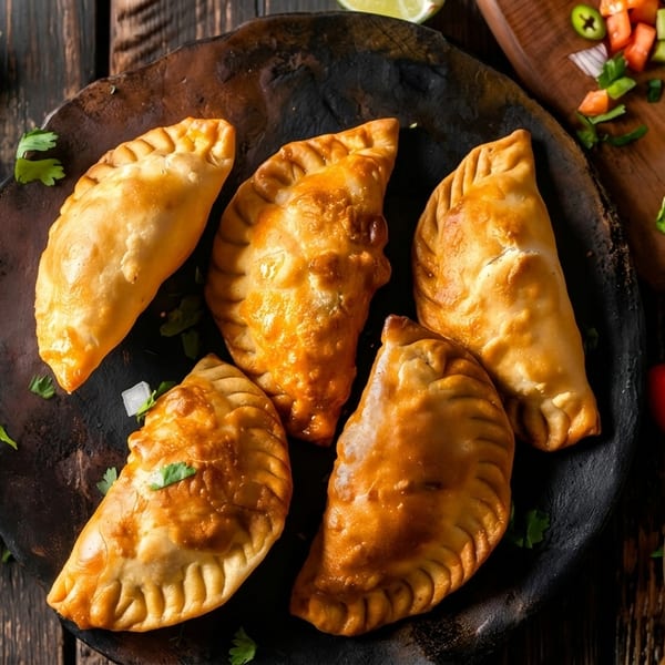 Five golden empanadas on a dark plate with fresh salsa, limes, and cilantro on a wooden table.