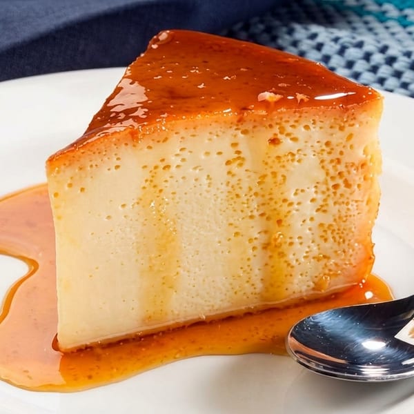 Slice of creamy flan with golden caramel sauce on a white plate and a spoon.