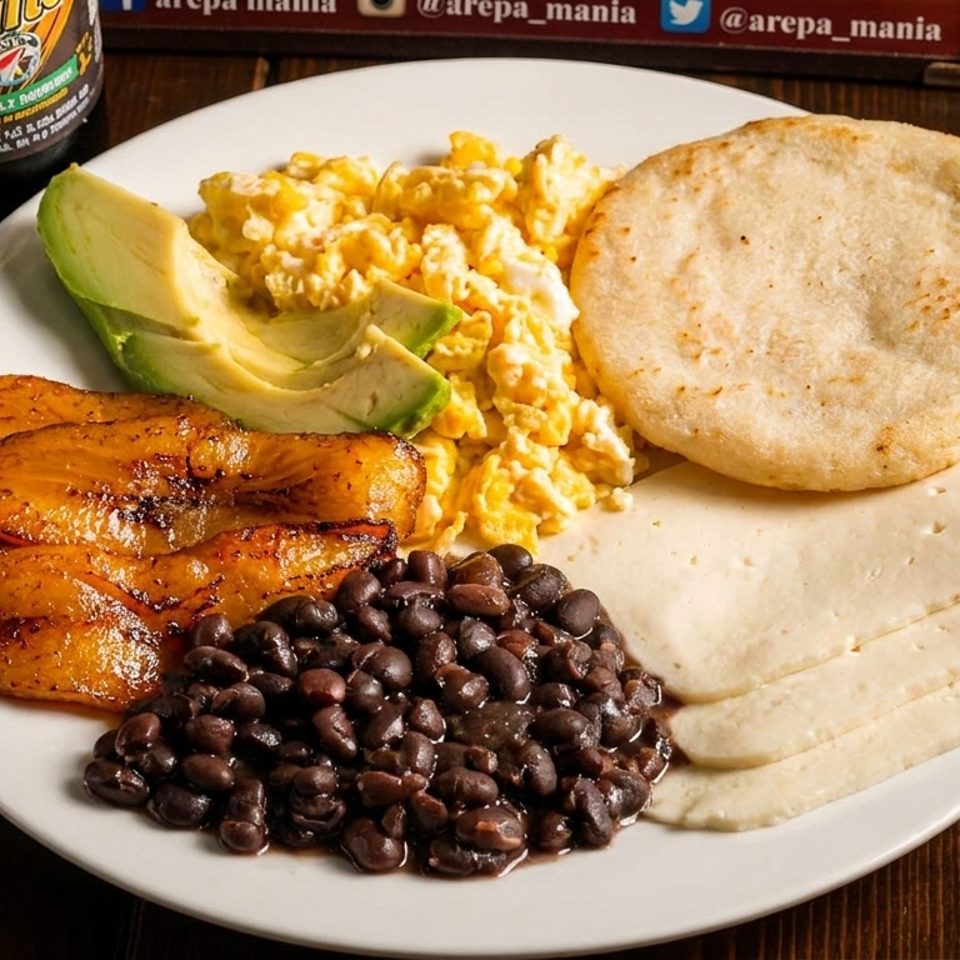 Plate with scrambled eggs, avocado, fried plantains, black beans, arepa, and white cheese.