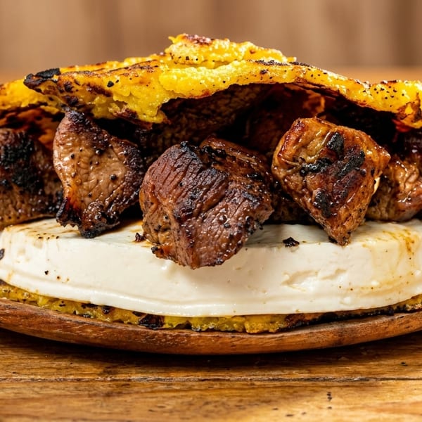 Grilled meat chunks and white cheese on a yellow corn patty, served on a wooden plate.