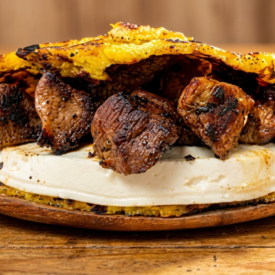 Grilled meat chunks and white cheese on a yellow corn patty, served on a wooden plate.