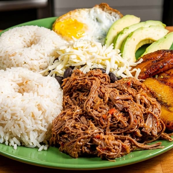 Shredded beef, rice, fried plantains, avocado, fried egg, cheese, and black beans on a green plate.