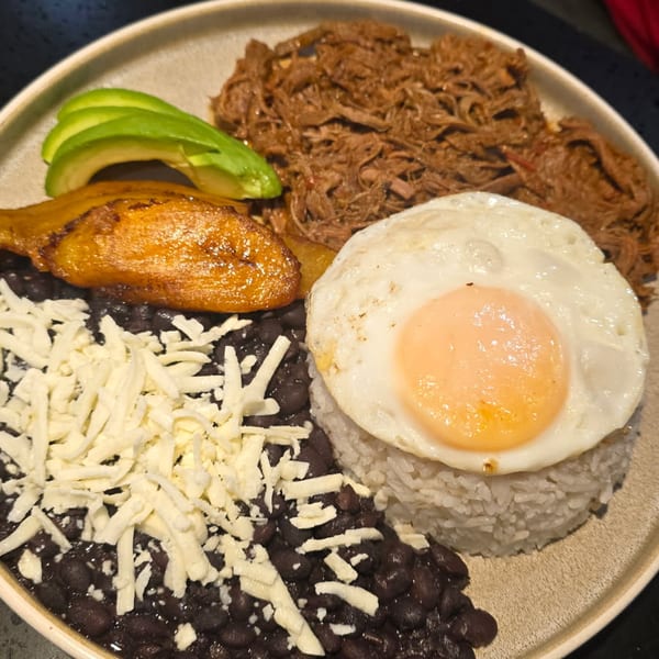 Pabellon criollo with shredded beef, rice, black beans, plantain, fried egg and avocado.