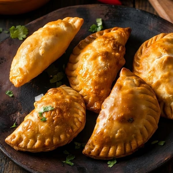 Golden-brown empanadas on a dark plate, served with fresh salsa and lime wedges on a wooden table.