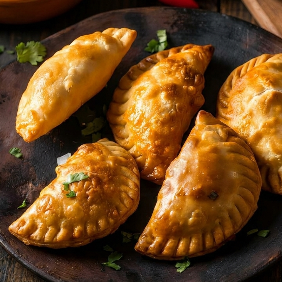 Golden-brown empanadas on a dark plate, served with fresh salsa and lime wedges on a wooden table.
